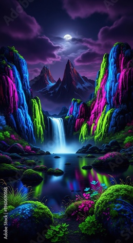 Vibrant Waterfall Landscape - A Colorful Nighttime Scene.