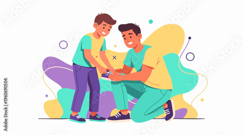 Brothers bonding while learning to tie a shoelace, illustrating family support and childhood development, modern flat vector design with a vibrant pastel color scheme, isolated graphic.
