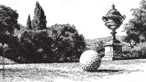 Golf ball, illustration of a trophy on a golf course, vector background.