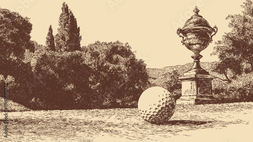 Golf ball, illustration of a trophy on a golf course, vector background.