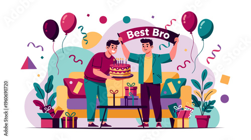 Brothers Celebrating Birthday with Cake & 'Best Bro' Banner, Illustrating Family Love & Joy. Modern Flat Vector Art, Cheerful Color Palette, High-Quality Digital Illustration.