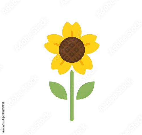 Minimal Flat Sunflower Icon with Yellow Petals and Green Stem Vector Illustration