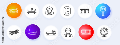 Railway transport set icon. Line style icons display train engine, rail cart, tunnel track, distance sign, bridge structure, stop sign, rail crossing, station platform, cargo truck, worker helmet