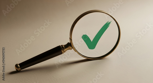 Close-up of a magnifying glass focusing on a vibrant green checkmark, symbolizing successful verification, quality assurance, approval, and the finding of a correct solution