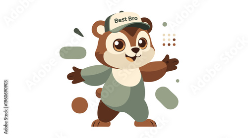 Cute Best Bro Bear Mascot, Happy Waving Open Arms, Brotherhood Friendship Support, Flat Vector Cartoon Style, Isolated Digital Illustration
