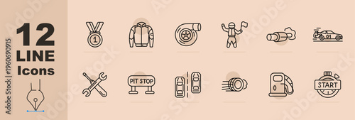 Motorsport equipment set icon. Line icons with medal, racing jacket, turbo engine, driver celebration, exhaust pipe, race car, tools, pit stop sign, lane cars, speed wheel, fuel pump
