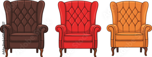 Black and white vector illustration of three upholstered armchairs in brown, red, and orange colors with tufted backs, curved armrests, and wooden legs design