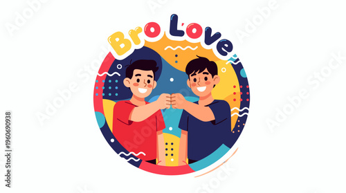 Two smiling brothers fist bumping in a round colorful frame with "Bro Love" text, representing friendship and strong bond in a cheerful modern flat vector illustration, isolated digital graphic.