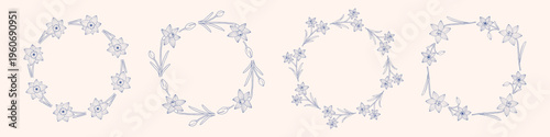 Vector set of delicate daffodil floral wreaths with narcissus flowers. Round outline frame. Elegant spring flower circle border collection for wedding invitation, greeting card, social media template.