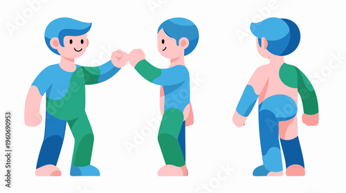 Two Brothers and friends fist bumping, illustrating unity and strong bond, in a vibrant flat design vector illustration featuring blue and green tones, isolated on white background.