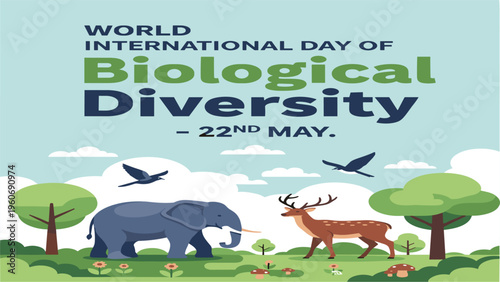 World International Day of Biological Diversity Poster with Wildlife Animals, Forest Landscape, Birds, Elephant and Deer for Environmental Awareness Celebration