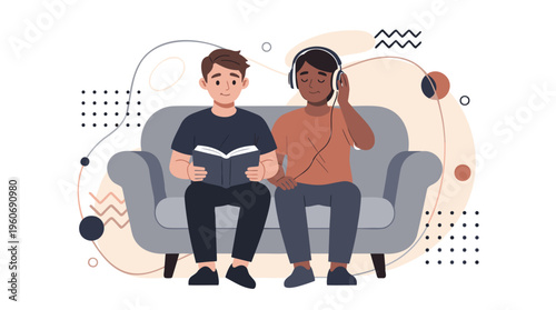 Two Brothers reading, listening music on sofa. Leisure, bonding, hobbies. Flat modern illustration, pastel. Vector, isolated.