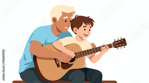Brothers Playing Guitar Lesson, Family Education Hobby, Flat Vector Illustration, Isolated White Background