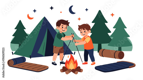 Two Brothers enjoying camping night with campfire in forest, childhood adventure and family bond, vibrant flat vector illustration with a natural color palette, isolated on white background.