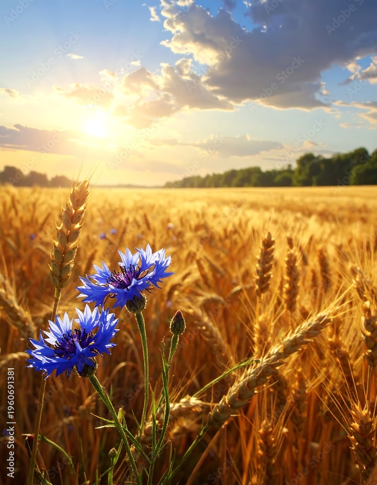 Obraz premium Golden wheat field with blue flowers at sunrise