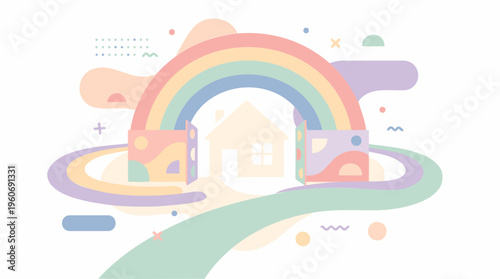 Child's Home Rainbow, Abstract Pastel Forms, Missing Children's Hope, Flat Vector Muted Palette, Modern Digital Art
