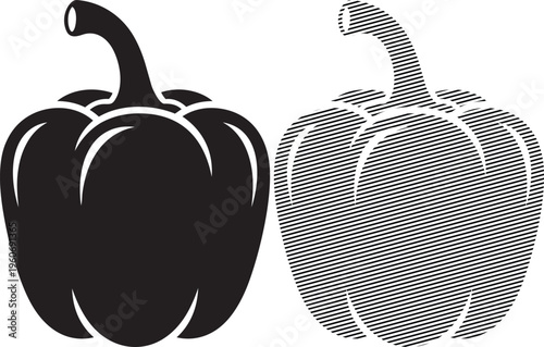 Comparison of solid and textured bell pepper illustrations in black and white