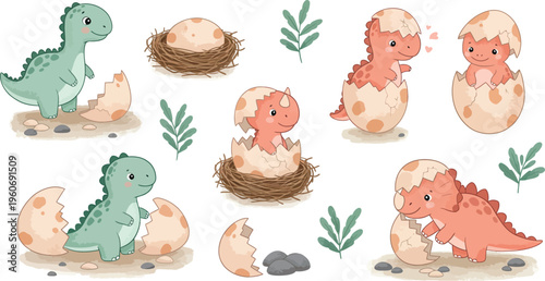 Watercolor illustration of cute baby dinosaurs and eggs in a prehistoric setting