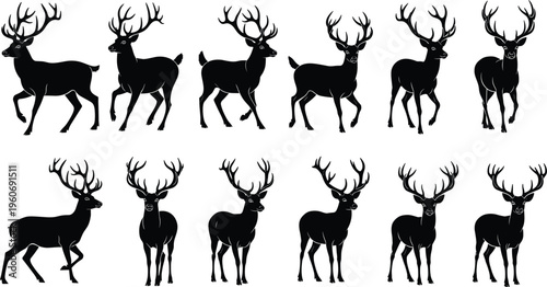 Black silhouette vector illustration set of twelve deer with antlers in different poses, symbolizing wildlife, nature, hunting, forest animals, and artistic design