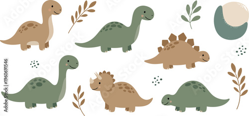 Colorful cartoon dinosaurs and plants on white background for kids illustration