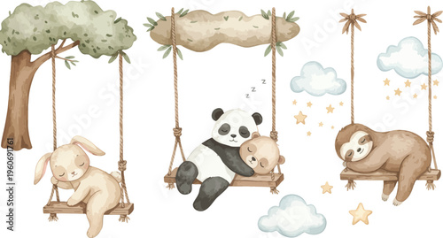 Panda bear and friendly animals on swings under cloudy sky with tree