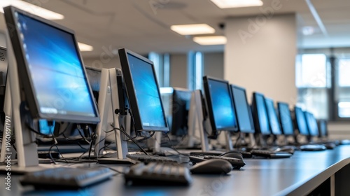 Rows of desktop computer monitors in a modern computer lab classroom background for education training banner and technology wallpaper for design