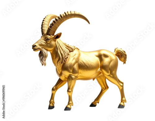 Gold-painted capricorn goat statue with curved horns and muscular frame