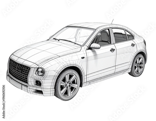 Full view of a detailed car blueprint sketch showing wireframe lines and wheel design