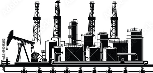 Detailed black and white illustration of oil refinery with pumpjack, storage tanks, distillation towers, pipelines, and industrial petroleum processing facility infrastructure for energy production