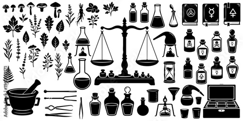 Set of vintage alchemy and antique apothecary tool silhouettes, botanical herbs and magic potions isolated