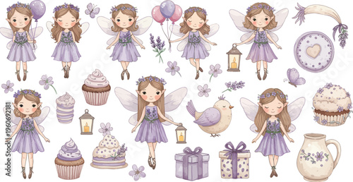 Illustration of whimsical young girls and fairy tale objects in pastel purple hues and soft colors