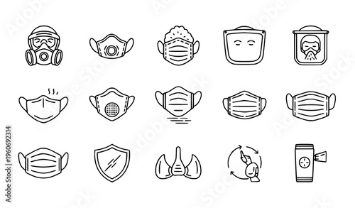 Face Mask Line Icons Set Black and White Protection Outline Vector Collection