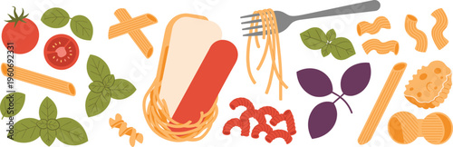 Italian Food Assortment with Pasta, Tomatoes, Basil, Shrimp, and Hot Dog Keywords: food, italian, pasta, ingredients, tomato