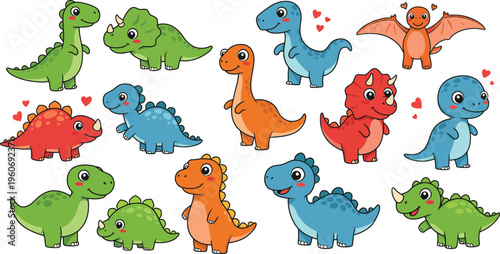 Colorful cartoon dinosaurs in various poses and emotions on white background