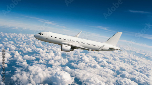Low angle view white airplane commercial jet plane Airbus A320 banking in blue sky over sea of clouds aviation industry transport logistics travel and aerospace background