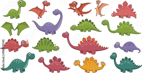 Collection of colorful cartoon dinosaurs in various poses and species on white background