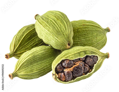 Cardamom pods with opened interior revealing dark seeds, fresh green pods with textured ridges