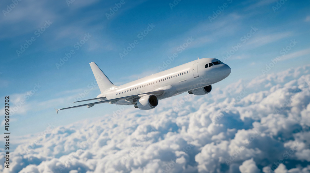 Obraz premium Modern white airplane commercial jet plane Airbus A320 soaring above fluffy white clouds in sunny day travel aviation concept aircraft flight passenger transport airline business destination