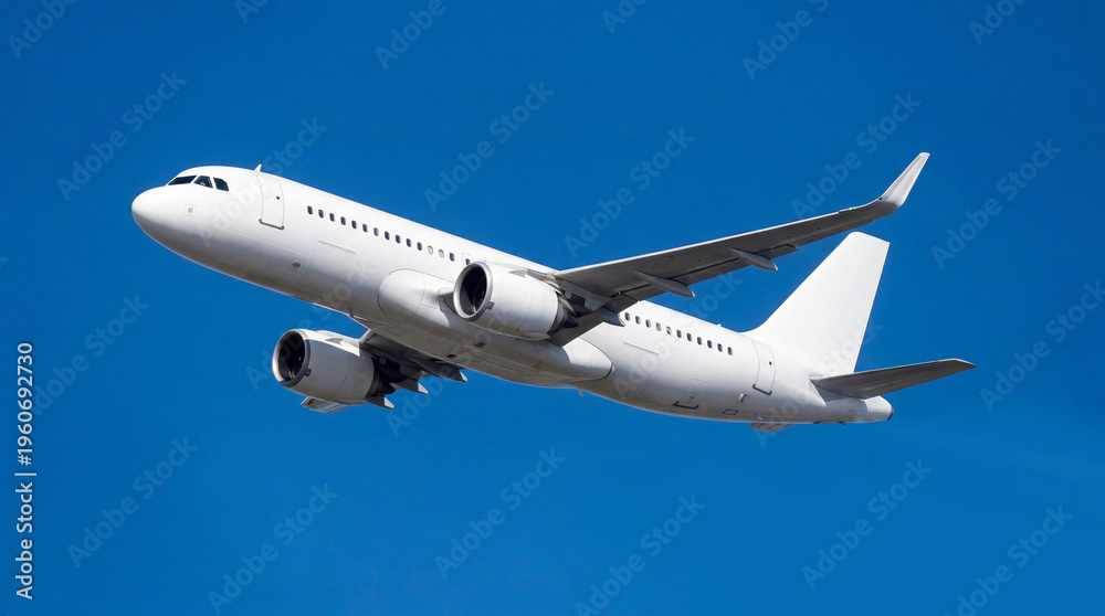 Obraz premium Underneath view white airplane commercial jet plane Airbus A320 flying against bright blue sky background aviation transport aircraft travel business trip airline service flight engineering