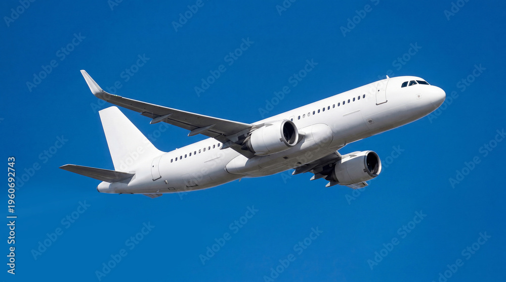 Fototapeta premium White airplane commercial jet plane Airbus A320 flying in clear blue sky side view wings and engines visible passenger aviation transport travel tourism airline aircraft flight aerospace cruising