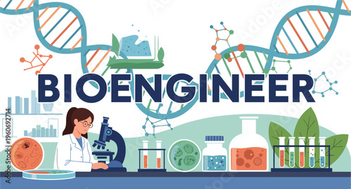 Bioengineering Laboratory Concept with DNA Helix, Scientist Using Microscope, Biotechnology Research Equipment and Genetic Science Innovation Vector Illustration