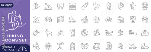 Hiking icons set. Contain icons related to Hiking, adventure, outdoor, mountain, nature, camping Etc. Outline Icon Collection. Editable stroke.