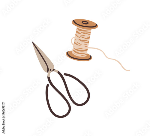 Scissors and thread spool for sewing, needlework craft. Tailoring supplies, needlecraft tools, accessories for repair, handcraft, DIY. Flat vector illustration isolated on white background