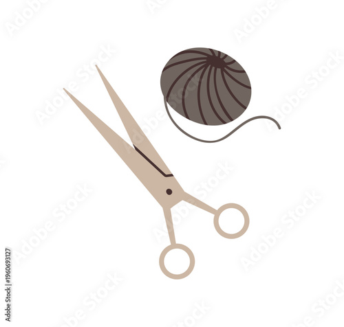 Scissors and yarn ball, rope skein. Craft supplies, handcraft tools. Handwork accessories, thread, woolen twine coil and cut equipment. Flat vector illustration isolated on white background