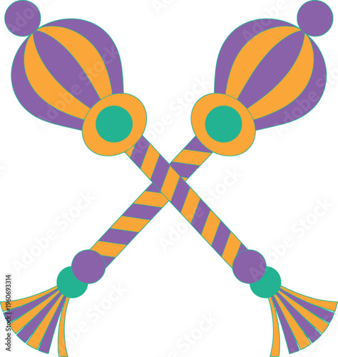 Stylized scepter icons, two crossed scepters, colorful striped design, tassels and bead details, playful vector illustration, clean lines, white background