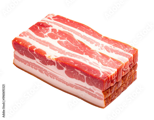 Cartoon bacon slices stacked with vivid pink-red meat and white fat stripes