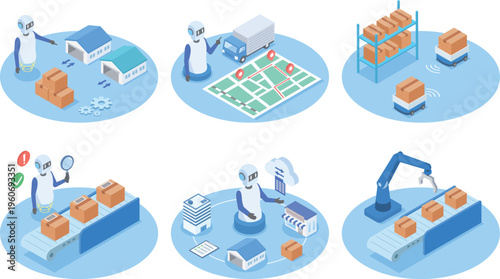 ロボットやAIを活用している物流業界のイラストセット