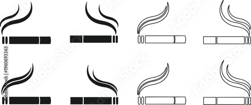 Set of smoking cigarette icons in solid and outline styles, vector illustration of tobacco symbols with smoke, minimal black silhouettes isolated on light background