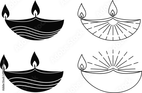  Traditional Diwali oil lamp diya set in solid and line styles with flame decorative festive vector illustration collection