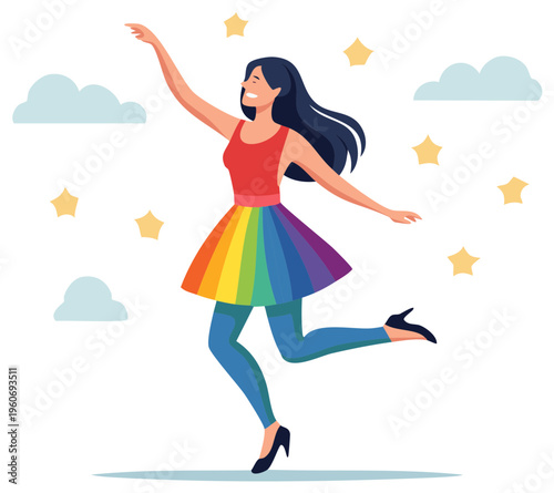 Joyful Woman Dancing with Rainbow Skirt and Stars